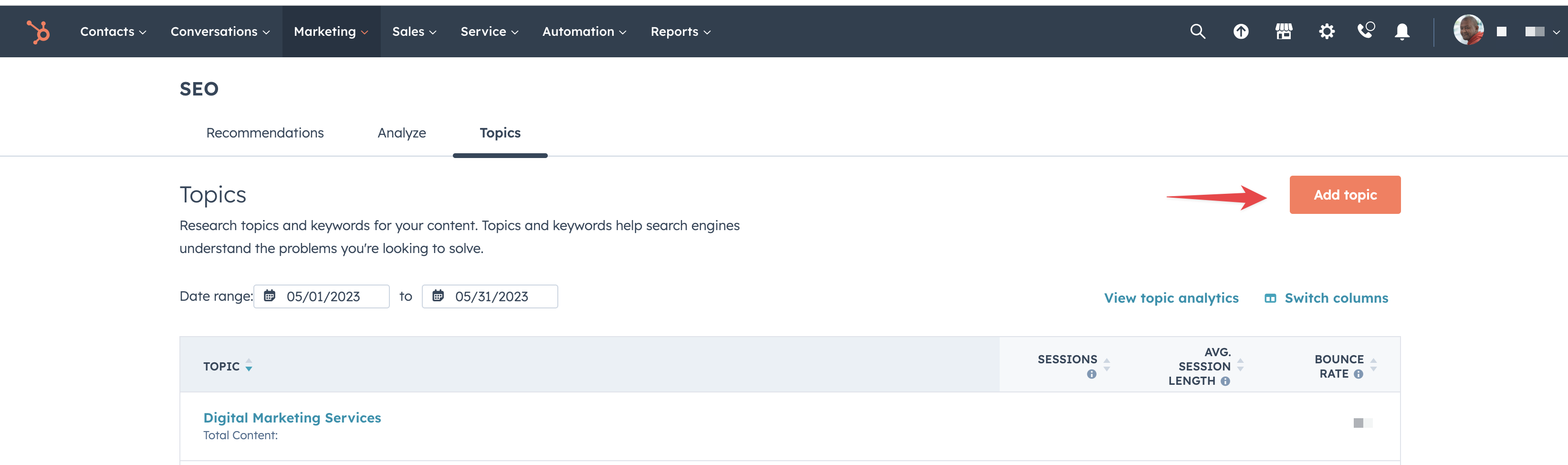 A screenshot showing how to add a new topic cluster on Hubspot 