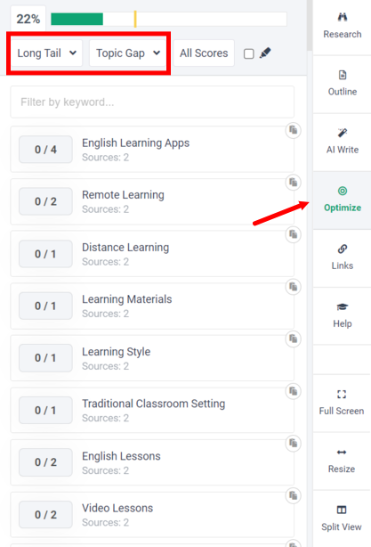 how to identify long-tail keyword gaps using Frase.io shown in a screenshot 