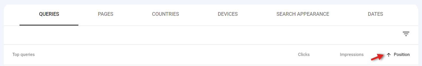 A screenshot showing how to use Google search console to sort your "Position" list from highest to lowest.