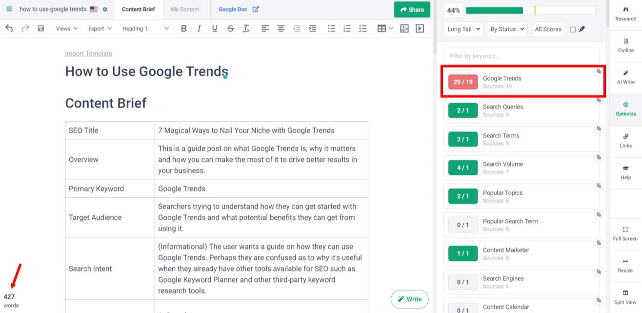 a case shown in screenshot to show how Frase detecting Keyword stuffing