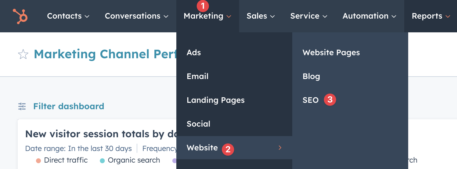 Steps on how to access SEO Pillar page inside Hubspot