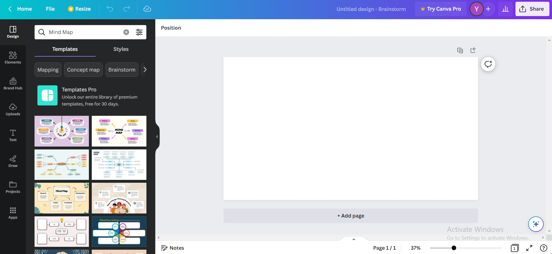A gif showing how to choose a mindmap template on Canva